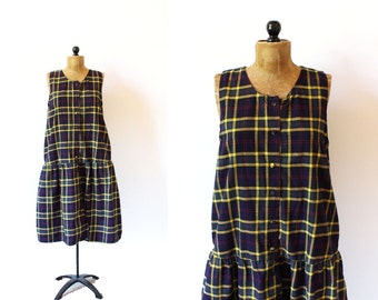 vintage dress 80's oversized plaid navy blue jumper 1980's women's clothing size medium m