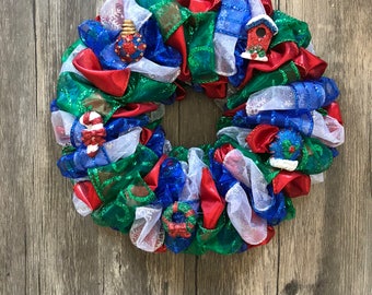 8" Charming Blue/Green/Red/White Christmas Ornament Wreath