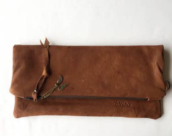 Full Leather foldover clutch - Plant dyed silk lining