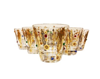 Midcentury, 22k Jeweled Culver Harlequin Jester Glasses, S/6