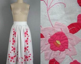 Vintage Cotton Skirt 80s/90s White Cotton Full Skirt with Pink Flower Applique 1950s Style Size S