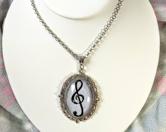 Treble Clef music note glass dome vintage style necklace