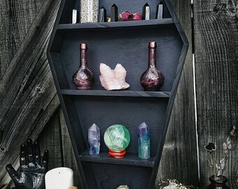 Crystal shelf, coffin shelf, coffin display, crystal display, gothic decor, gothic display shelf, home decor, goth, wiccan, witch, coffin