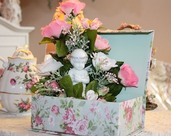 Shabby Cottage Chic Keepsake Box Floral Arrangement Porcelain Angel Trinket Box Jewelry Box FREE SHIPPING