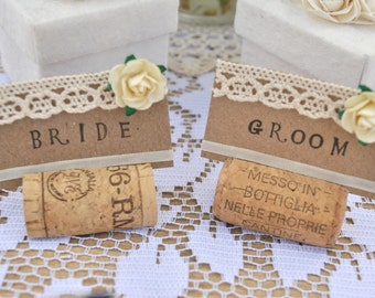Set of 10 Handmade wedding table name settings/placements with lace, flowers & ribbon (can be pre-stamped). Rustic/shabby/country/chic