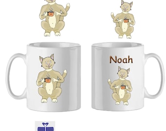 Cat mug personalized with a name example Noah steaming cup