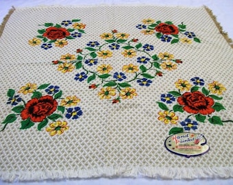 Vintage Tablecloth, Tablecloth with Red Roses, Colonial Art Tablecloth, Hand Painted, NOS, Homespun Tablecloth