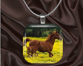 Mare and Foal Glass Tile Pendant with chain(CuAn2.4)