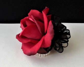 Ready to Ship Red Real Touch Rose Wrist Corsage-Prom Corsage-Red and Black Corsage-Wedding Corsage