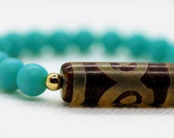 Boho Turquoise 3-eye Dzi Bead Bracelet, Gift for Her and Him