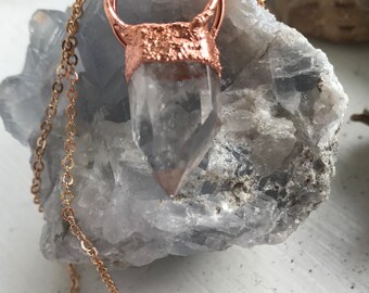 Clear quartz point and copper electroformed pendant with rose gold chain