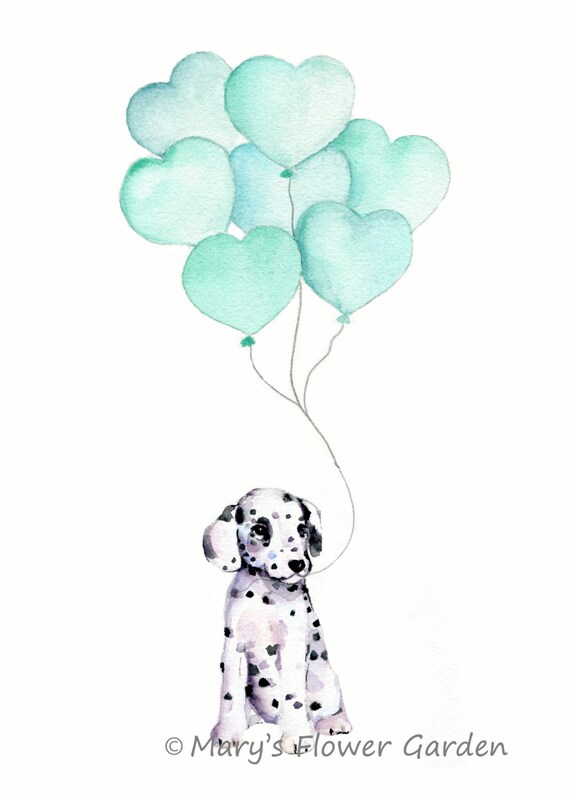 Mint nursery art puppy with mint balloon dog illustration
