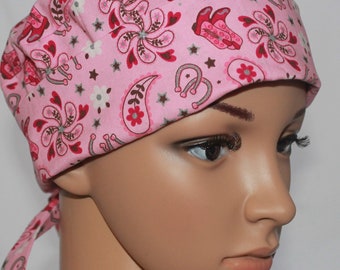 Boots and Spurs,Women's Tie Back Surgical Scrub Hat,Chemo Hat ,OR Scrub Nurse,Scrub Cap,Scrub Hat Vet,Vet Tech