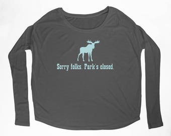 Ladies "Park's Closed" Flowy Long Sleeve Tee with 2x1 Ribbed Sleeves