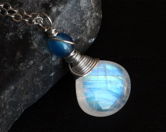 Moonstone Necklace, Moonstone Jewelry, Rainbow Moonstone Pendant, Blue Agate, Sterling Silver, CircesHouse, "Aurora"