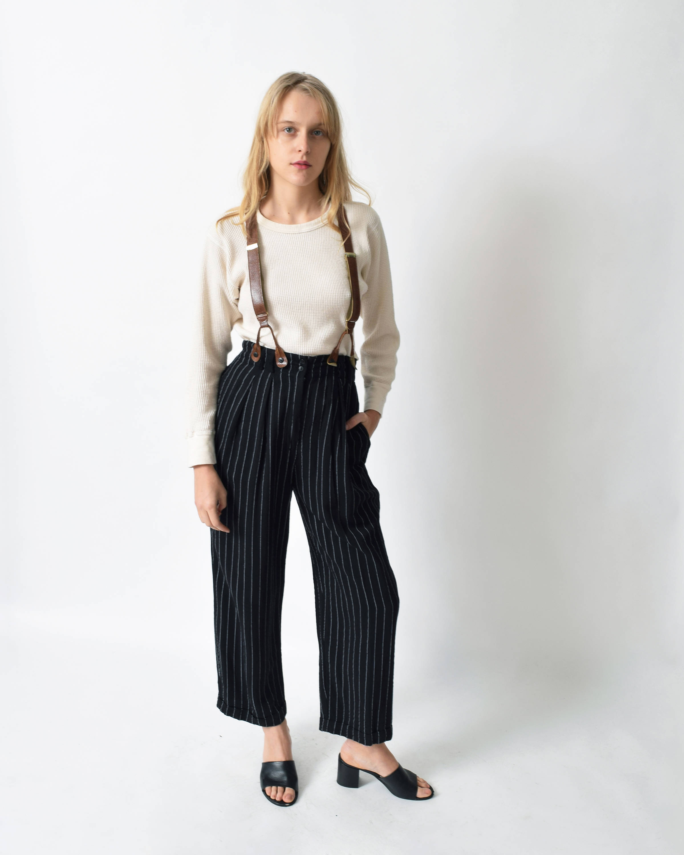Pinstripe pants with leather braces Pinstripe, Pinstripe