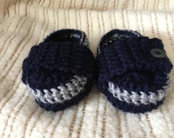 Crocheted Baby Shoes with Strap and Button-Gray and Navy Blue-With Button-Size 3-6 months
