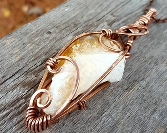 Ballance: raw citrine-quartz-calcite crystal in antiqued copper pendant necklace