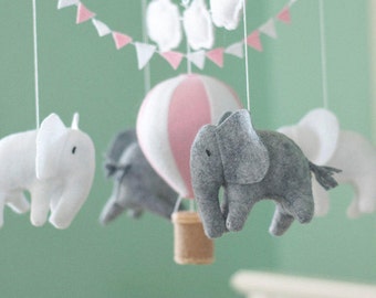 Baby mobile, Elephant mobile, Hot Air Balloon mobile, crib mobile, Balloon Nursery Decor, Pink and white baby room decor, Baby Shower Gift