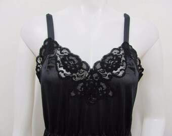 Vintage Black Slinky 100% Nylon Full Slip Nightgown Dress Floral Lace Medium French maid Nightgown, vintage lingerie