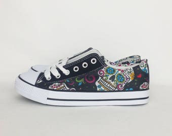 Day of the dead shoe, custom shoe, dia de los muertos, alternative, women shoes, rockabilly, geek, gift for her, sugar skull, custom trainer