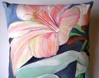 Amaryllis Abloom Pillow 8x8 Hand Painted Original Pink Flower Drama Home Decor Winter Bloom Unique Gift Pillow