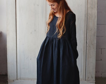 Black Linen Dress, Linen Maxi Dress, Linen Dress, Gothic Dress, Boho Chic Clothing, Womens Linen Dress, Oversized Dress / Black Smock LS