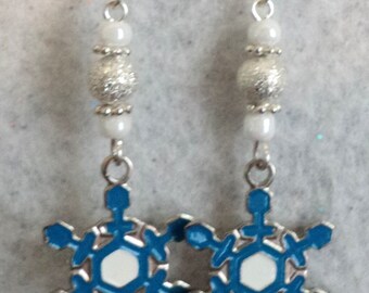 Snowflake Earrings, Charm Earrings, Dangle Earrings, Winter Earrings, Winter Jewelry, Blue and Silver, Snowflake Jewelry - LET IT SNOW