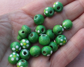 Lot Of Salvaged Green White Yellow Flower Wood Composite Beads