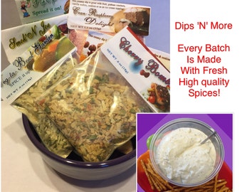 Gourmet Dip mixes, Seasonings, Rubs, party dip mixes dry dip packages, salsa mixes, dips, seasoning for oils, dip mix recipes, vegetable dip