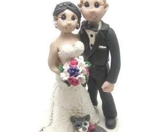 Custom wedding cake topper, personalized cake topper, Bride and groom cake topper, Mr and Mrs cake topper,With Pets cake topper