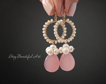 Pink Chalcedony Earrings Gemstone Earrings White Pearl Earrings Pearl hoop earrings Pink Earrings Pearl Earrings Dainty Earrings