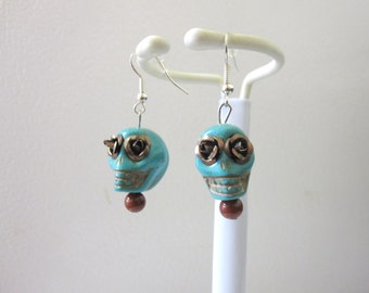 Day of The Dead Earrings Sugar Skull Jewelry Turquoise Blue