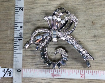 Vintage 925 Sterling Silver 16.7g Ribbon Bow Pin Brooch Rhinestones Used