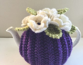Hand-knitted Floral Tea Cosy in pure wool - Size Small - fits standard 1-2 cup teapots
