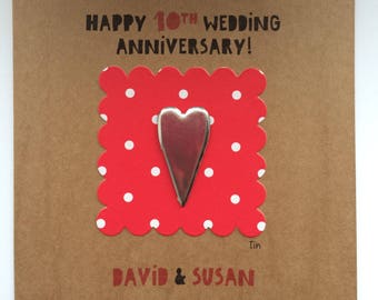 Personalised 10th (tin) wedding anniversary card/tenth anniversary/customised card/tin heart