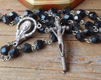 Vintage Rosary crystal black beads Jesus cross crucifix religious medal Prayer
