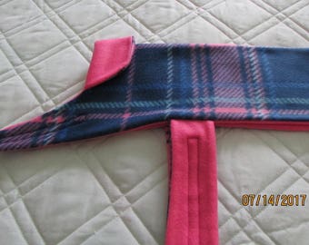 Dog Apparel, Reversible Fleece Medium Dog Coat in Bright Pink and Dark Blue Plaid