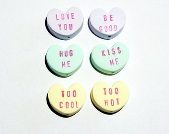 Conversation Heart Beads for Valentine's Day - Handmade from Polymer Clay - Vertical Holes