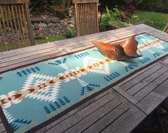 Wool Table Runner -Aqua Cream Brown Tribal Design Runner, Rancho Arroyo Aqua, Native American Tribal Wool Runner, 68 1/2" x 17 1/2"