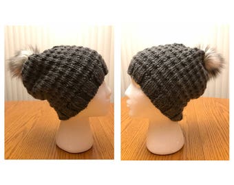 Knitted Hat With Faux Fur Pom