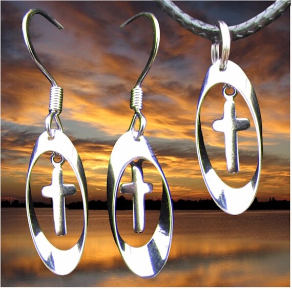 Silver Tiny Hoop Cross Earring and Necklace Set Small Drop Dangle Womans Girls Christian Jewelry - Saint Michaels Jewelry