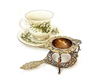 SALE Antique Brass Tea Strainer with Stand ,Ornate Italian Tea Strainer Baroque Brass Tea Infuser with Stand for Tea Time
