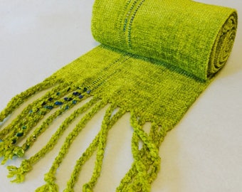 Handwoven Rayon Chenille Scarf, Chartreuse Scarf, Chenille Scarf, Handwoven Scarf, Handwoven Chenille Scarf, Woven Scarf (#17-09)