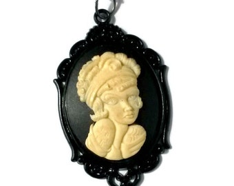 Flapper Girl Cameo Necklace Black Gothic Handmade Gift