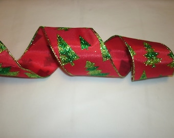 5 yds of Green Tree Ribbon, Holiday Ribbon, Seasonal Ribbon, Wired Edge Ribbon, Wreath Ribbon, Tree Ribbon, Craft Ribbon, Gift Ribbon,