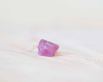 Rough Pink Tourmaline Necklace on Sterling Silver or Rose Gold Filled, Delicate October Birthstone Raw Crystal Jewelry