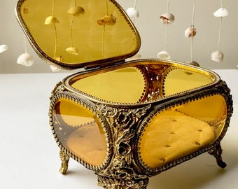 Vintage ornate jewelry casket velvet yellow glass gold brass antique roses flowers vanity decor box holder boudoir tufted organizer desk