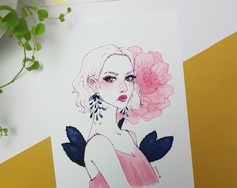 Dulcet | Art Print | Flower art, ink illustration, fashion ilustration, spring drawing, pink, n1mh