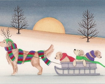 Christmas Cards: Golden retriever as Rudolph pulling sled / Lynch folk art